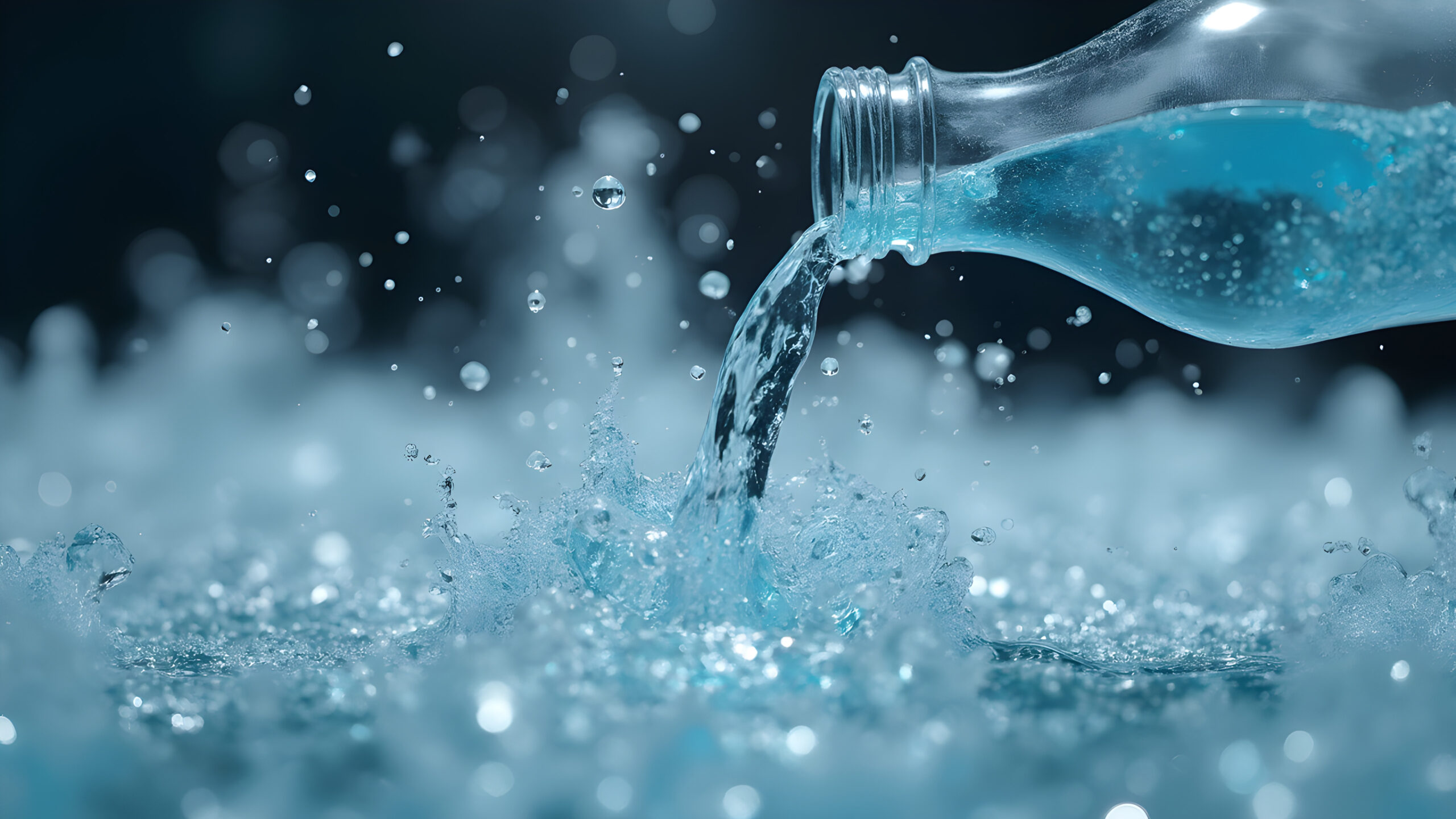 Frozen moment of water in lab experiment. Ultra-realistic water science demonstration. Capturing water in scientific research. Lab water usage in experiments.