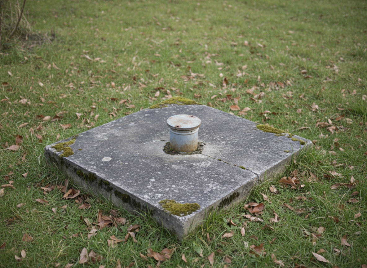 Vieux forage dans un jardin avec dalle en béton et bouchon métallique